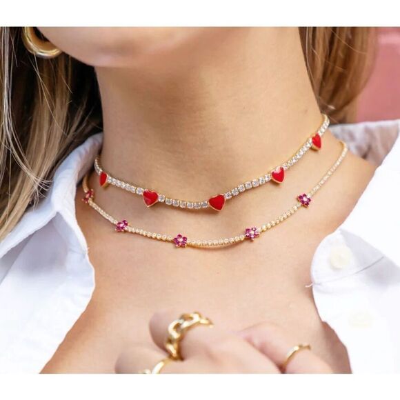 Rosey pink flower sparkly cubic zirconia tennis necklace - Picture 3 of 6